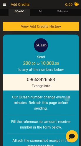 Add credits to account by sending via GCash number